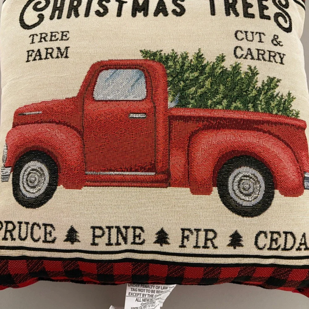 Christmas Trees Red Truck Farm Rustic Holiday Decorative‎ Pillow Accent 17x17